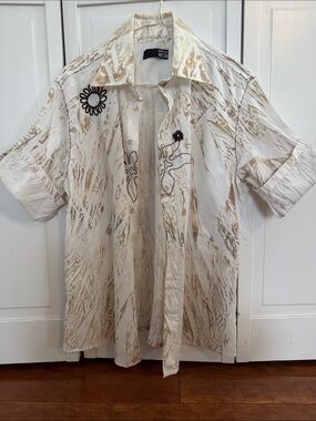 Studio One Cream Button-Down Shirt with Brown Abstract Print and Floral Accents
